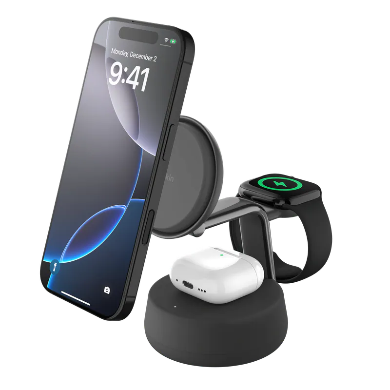 Belkin|UltraCharge Pro Qi2 3合1 磁吸充電座 25W - 黑/沙色【香港行貨|2年保養】