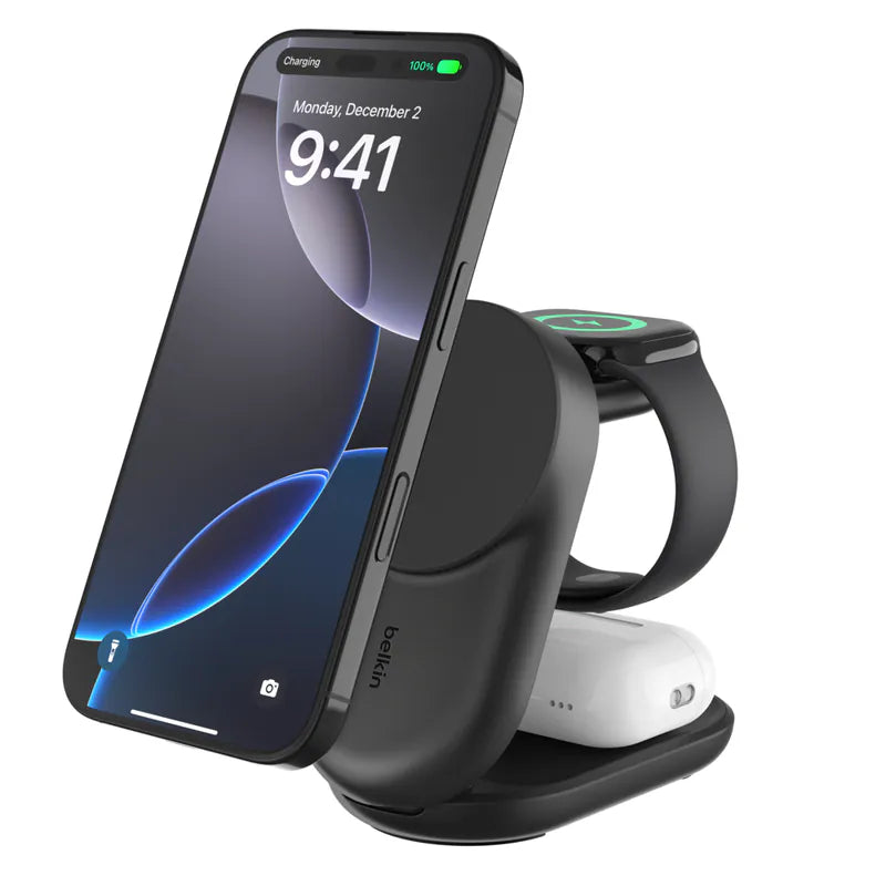 Belkin|UltraCharge Qi2 3合1 可折疊磁吸充電器 25W - 黑/白【香港行貨|2年保養】