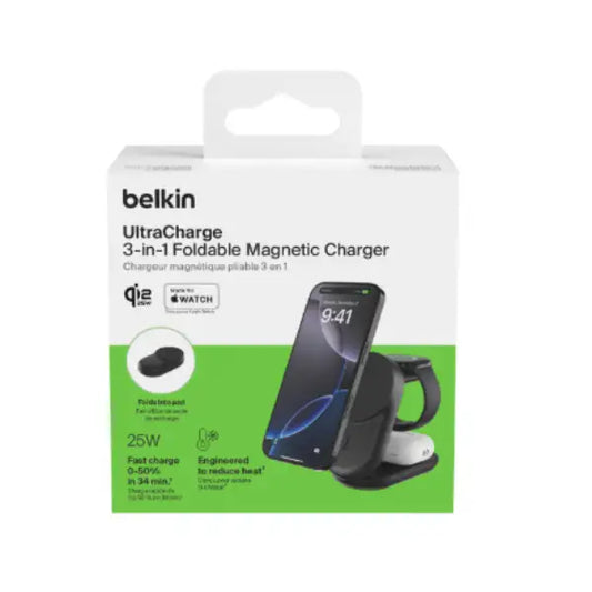 Belkin UltraCharge Qi2 3-in-1 Foldable Magnetic Charger 25W - Black/White [Hong Kong Genuine Product | 2-Year Warranty]