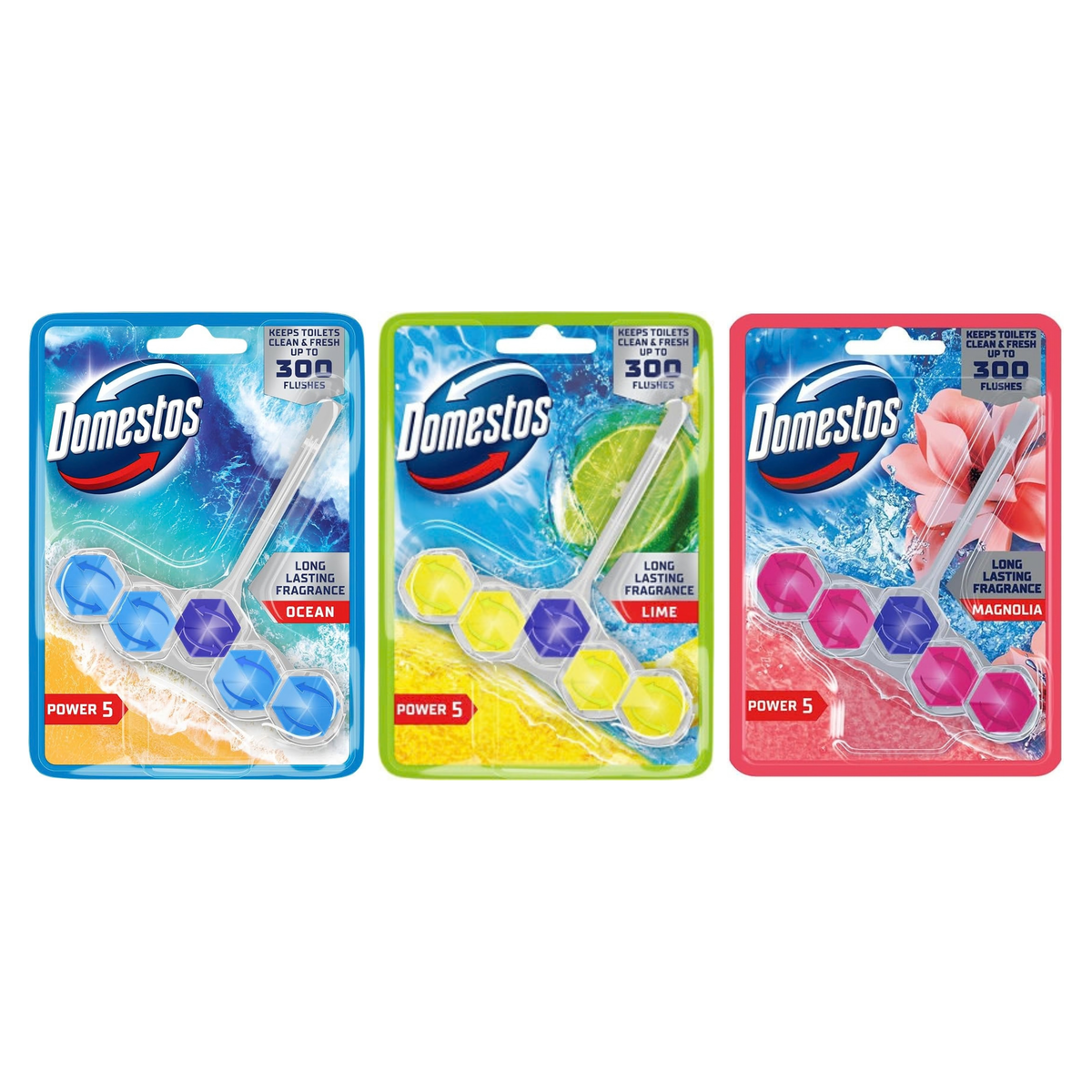 Domestos | Power 5 強力除臭潔廁掛塊 50g -  青檸香氣/ 清新海洋香氣/木蘭花香｜五效合一設計｜清潔、持久清香、防尿垢、豐富泡沫與光亮