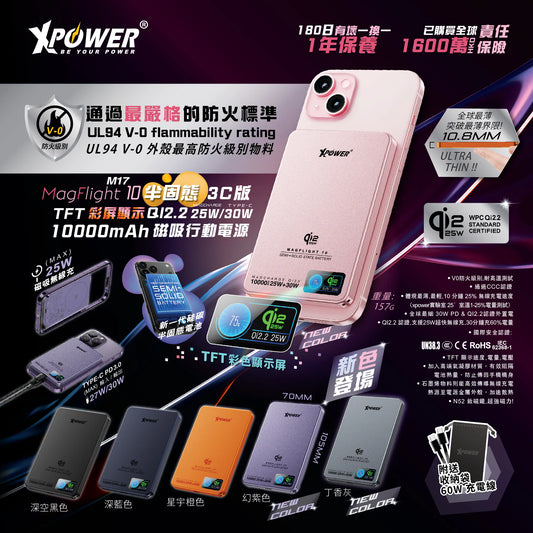 XPower｜(3C可追溯二維碼) MagFlight10 M17 半固態TFT彩屏顯示 QI2.2 25W/30W 10000mAh 磁吸行動電源【一年保養】