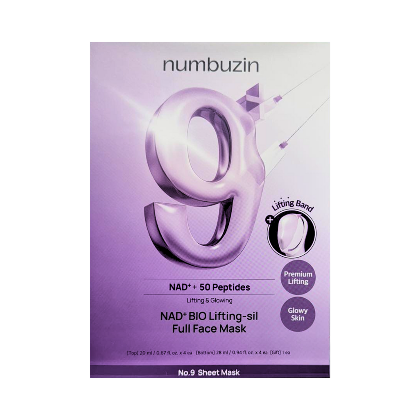 Numbuzin｜No.9 NMN Bio Lifting-sil Full Face Mask (4 Pieces) + Face band [Parallel Imported Product] 