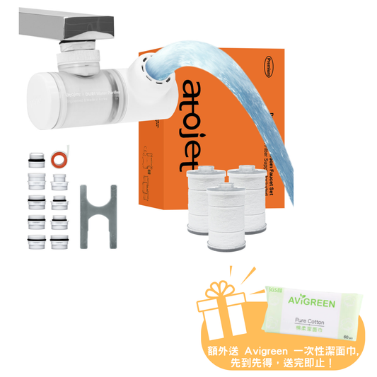 【送棉柔巾🎁】atojet｜Duri 多角度水龍頭過濾器 6 個月套裝（1個 過濾器 + 3 個濾芯）氣泡增氧 有助滋潤及呵護肌膚  720度旋轉 三重過濾 濾水器【香港行貨】