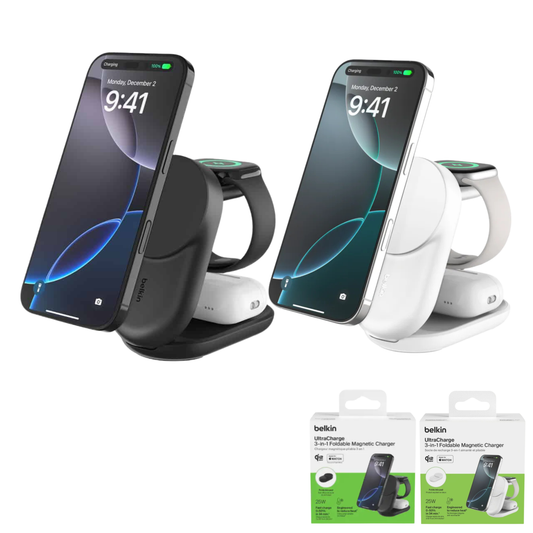 Belkin UltraCharge Qi2 3-in-1 Foldable Magnetic Charger 25W - Black/White [Hong Kong Genuine Product | 2-Year Warranty]