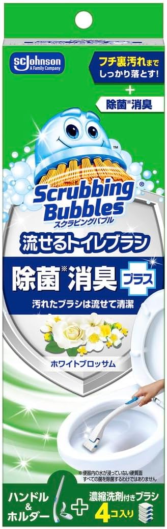 Johnson Scrubbing Bubbles | Flushable Water-Soluble Toilet Brush Set (Brush Handle + Stand + 4 Replacement Brush Heads) - Floral Soap Scent/White Floral Scent [Parallel Import]