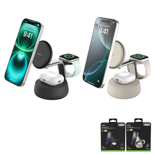 Belkin UltraCharge Pro Qi2 3-in-1 Magnetic Charging Stand 25W - Black/Sand [Hong Kong Genuine Product | 2-Year Warranty]