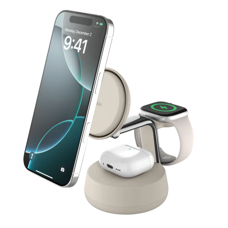 Belkin UltraCharge Pro Qi2 3-in-1 Magnetic Charging Stand 25W - Black/Sand [Hong Kong Genuine Product | 2-Year Warranty]