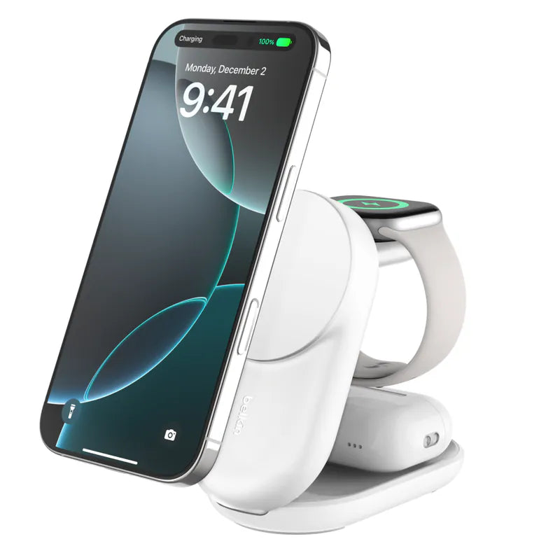 Belkin UltraCharge Qi2 3-in-1 Foldable Magnetic Charger 25W - Black/White [Hong Kong Genuine Product | 2-Year Warranty]