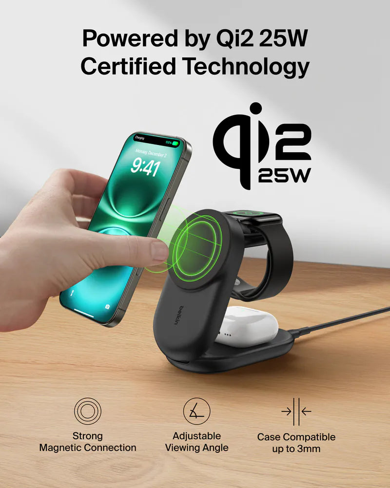 Belkin UltraCharge Qi2 3-in-1 Foldable Magnetic Charger 25W - Black/White [Hong Kong Genuine Product | 2-Year Warranty]