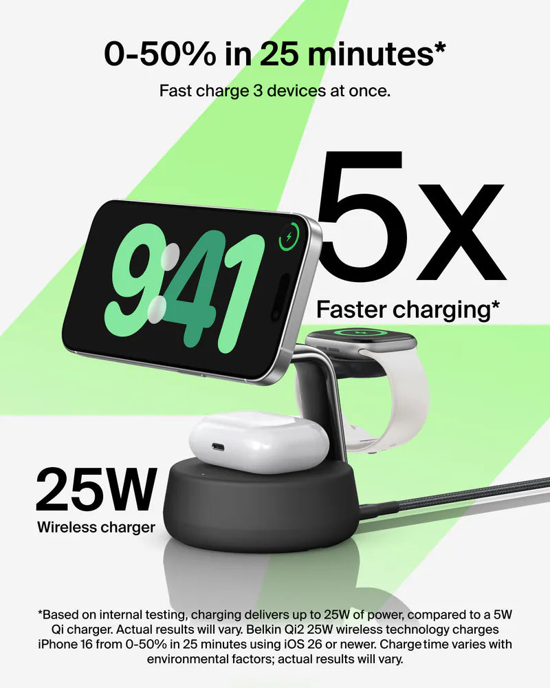 Belkin UltraCharge Pro Qi2 3-in-1 Magnetic Charging Stand 25W - Black/Sand [Hong Kong Genuine Product | 2-Year Warranty]