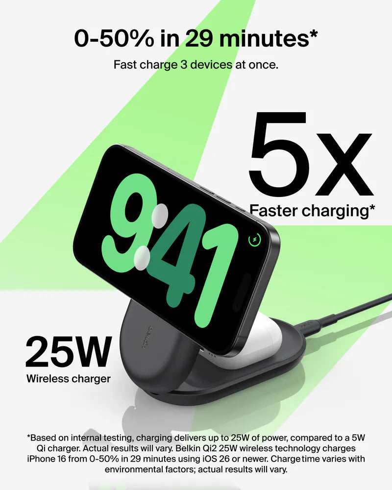 Belkin UltraCharge Qi2 3-in-1 Foldable Magnetic Charger 25W - Black/White [Hong Kong Genuine Product | 2-Year Warranty]