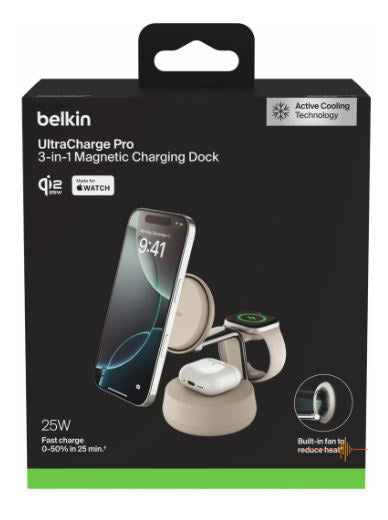 Belkin UltraCharge Pro Qi2 3-in-1 Magnetic Charging Stand 25W - Black/Sand [Hong Kong Genuine Product | 2-Year Warranty]