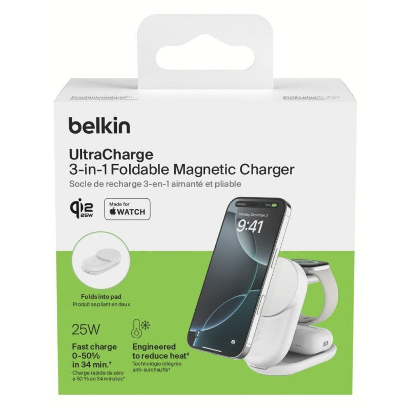 Belkin UltraCharge Qi2 3-in-1 Foldable Magnetic Charger 25W - Black/White [Hong Kong Genuine Product | 2-Year Warranty]
